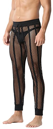 FEOYA Herren Männer Hose transparent Netz Leggings Nachtwäsche Sexy Transparent Mesh Pantyhose Sport Unterwäsche Hose Herren Mesh durchsichtige Lange Hose mit Kordelzug Schwarz M von FEOYA