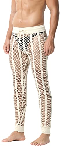 FEOYA Herren Männer Leggings Sexy Transparent Mesh Hose Männer Fischnetzhose Mesh durchsichtige Muskelleggings Strumpfhose Pantyhose Sport Unterwäsche Aprikose XL von FEOYA