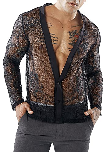 FEOYA Herren Mesh See Through Shirt Langarm Mesh Top Unterhemd Sexy V Neck Nachtwäsche Clubwear B-Schwarz XL von FEOYA