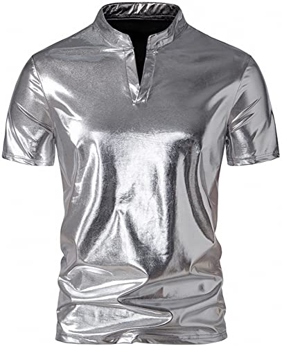 FEOYA Herren Metallisch Glänzend Bronzierend Poloshirt 70er 80er Disco Nachtclub Party Hemd B-Silber L von FEOYA