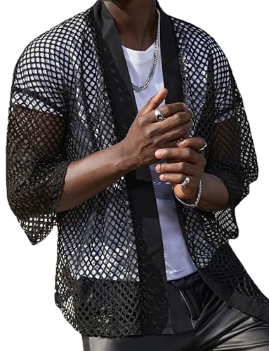 FEOYA Herren Netzstrickjacke Transparent Strickjacke Netz Hemden Kurzarm Top Oberteil Sexy Netzshirt 3XL von FEOYA