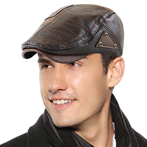 FEOYA Herren PU-Leder Schirmmützen Flat Cap Einstellbar Driving Cabbie Jagd Flatcap Winterwarm Newsboy Cap A2 von FEOYA