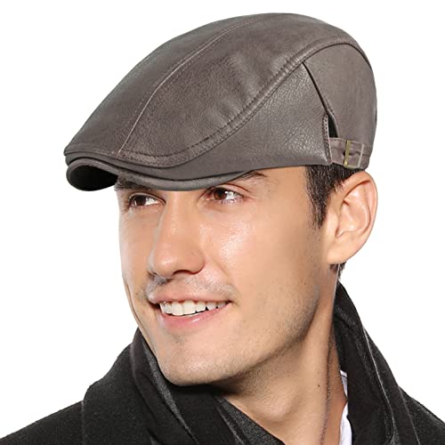 FEOYA Herren PU-Leder Schirmmützen Flat Cap Einstellbar Driving Cabbie Jagd Flatcap Winterwarm Newsboy Cap B4 von FEOYA