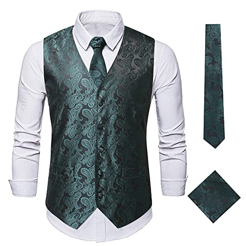 FEOYA Herren Paisley Floral Weste Krawatte Einstecktuch Set Casual Business Party Weste Anzug Set 3-Teilige Weste Set Dunkelgrün XL von FEOYA