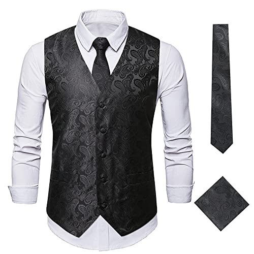 FEOYA Herren Paisley Floral Weste Krawatte Einstecktuch Set Casual Business Party Weste Anzug Set 3-Teilige Weste Set Schwarz XL von FEOYA