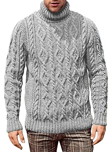 FEOYA Herren Rollkragenpullover Langarm Zopfmuster Strick Lässig Grobstrick Pulli Sweater Twisted Herbst Winter Strickpullover Grau XL von FEOYA