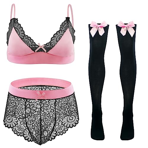 FEOYA Herren Sexy Dessous BH und Slips Strümpfe Set Spitze Kostüm Sissy Dessous Set Nachtwäsche Gay Crossdresser Transparente Unterwäsche Nachtwäsche Nachtwäsche 3-teilige Dessous Set Schwarz Rosa 3XL von FEOYA