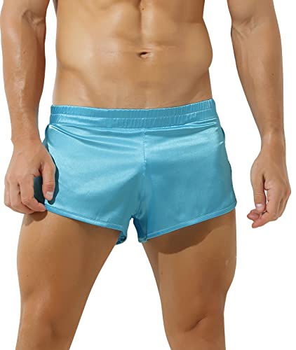 FEOYA Herren Sexy High Split Silky Jockstrap Boxershorts Athletic Supporters Satin Silk Boxershorts mit Netztasche + Elastischen Trägern Leichte und Atmungsaktive Nachtwäsche Pyjama Shorts Blau M von FEOYA