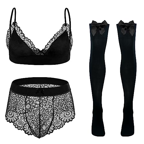 FEOYA Herren Sissy Dessous Männer Unterwäsche Set Sexy BH Slips Und Strümpfe Set Durchsichtige Dessous Anzug Spitze Rüschen Kostüm 3-teilige Männer Sissy Crossdresser Unterwäsche Dessous Schwarz L von FEOYA