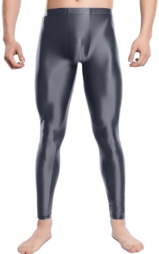 FEOYA Herren Strumpfhosen Leggings Metallic Glänzende Lang Öl Glänzend Tights Lange Hose Pants Stretch Clubwear Grau M von FEOYA