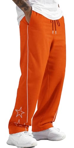 FEOYA Herren Sweatpants Y2k Baggy Track Pants Seite Stern Lange Freizeithose Kordelzug Streetwear-Hose Harajuku-Jogger Weite Hosenbeine Orange L von FEOYA
