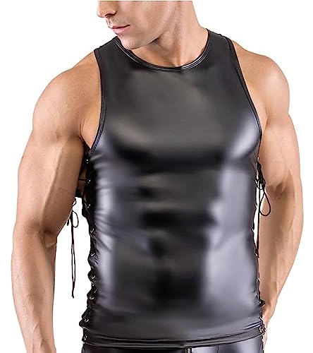 FEOYA Herren Wetlook Ärmellos Tank Top Sexy Kunstleder Tank Top Unterhemd A3 XXL von FEOYA