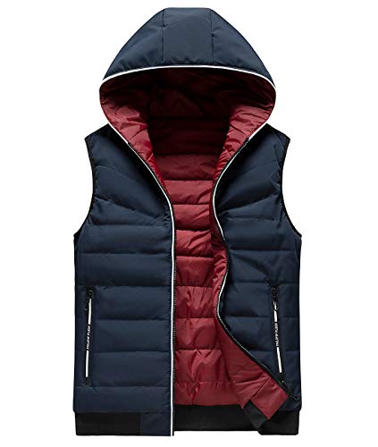 FEOYA Herren Winter Weste Steppweste Jungen Ärmellose Jacke Jacket mit Kapuze Übergangsjacke Bodywarmer Funktionsweste Sportweste Kapuzenweste-Dunkelblau-L von FEOYA