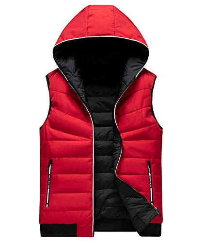 FEOYA Herren Winter Weste Steppweste Jungen Ärmellose Jacke Jacket mit Kapuze Übergangsjacke Bodywarmer Funktionsweste Sportweste Kapuzenweste-Rot-L von FEOYA