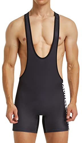 FEOYA Herren Wrestling Singlet Slim Fit Sport Bodysuit Overalls Einteiliges Wrestling Singlet Workout Trikot Bauchkontrolle Wear Gym Ärmellose Triathlon Powerlifting Kleidung B-Schwarz L von FEOYA