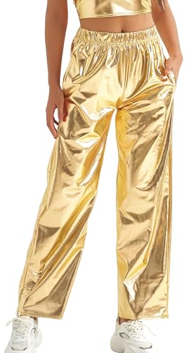 FEOYA Hip Hop Outfit Damen Rave Hose Metallic Hose Halloween Sweatpants Lackhose Lange Hose mit Taschen Clubwear für Frauen Gold XL von FEOYA