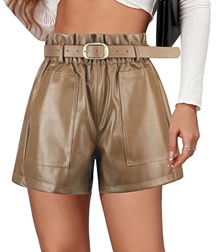 FEOYA Hoch taillierte Kunstleder Shorts Damen Taschen Shorts mit Weitem Bein mit Taschen Große Größe - M von FEOYA