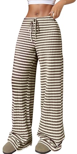 FEOYA Hose Braun Weiß Gestreift Hose Lange Hose Weite Beine Bequeme Sport Hose mit Tunnelzug M von FEOYA