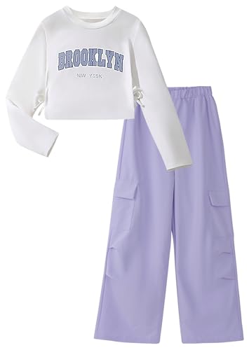 FEOYA Hosen Für Mädchen Set Cargo Elastic Teenager Cargohose Baggy Parachute Mädchen Jogginghose Dance Bequeme Kinder Anzug Frühjahr Fallschirm Weite Leichtgewicht Coole Safari Hellviolett 9 Jahre von FEOYA