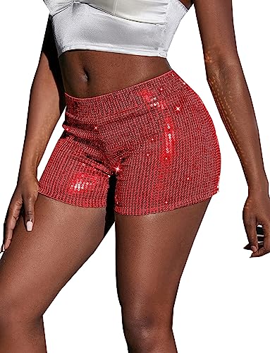 FEOYA Hot Pants Sexy Damen Pailletten Party Nacht Club Hohe Taille Sexy Kurz Hosen Club Tanz Kostüm Yoga Lounge Laufen Joggen XL von FEOYA