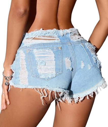 FEOYA Hotpants Damen Jeans Sexy Hotpants Ausgefranste Sommer Niedrige Taille Jeans Shorts Damen Sexy Kurz für Party Nacht Club Strand Ausflug Stil 06 XL von FEOYA