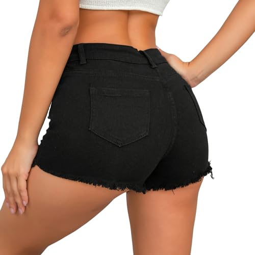 FEOYA Hotpants Damen Sexy Reißverschluss Kurz Jeans Slim Fit Denim Shorts Mini Jeans Shorts Frauen Hotpants Pole Dance Outfit Schwarz S von FEOYA