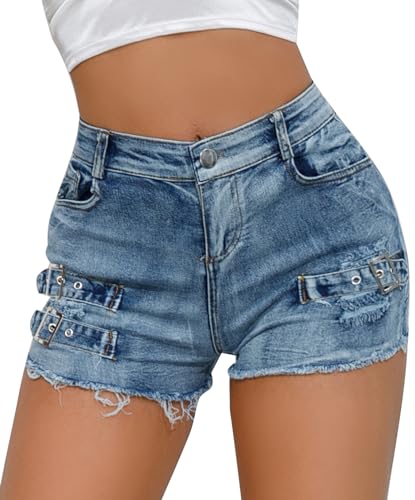 FEOYA Hotpants Denim-Shorts für Damen Hohe Taille Sommer Kurze Hosen Zerrissene Slim Fit Denim Jeans Shorts 02 Blau M von FEOYA