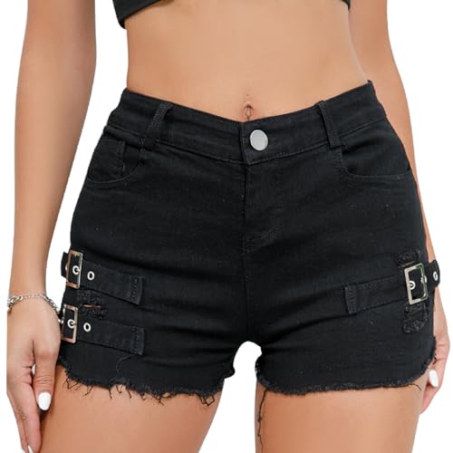 FEOYA Hotpants Denim-Shorts für Damen Hohe Taille Sommer Kurze Hosen Zerrissene Slim Fit Denim Jeans Shorts 02 Schwarz M von FEOYA