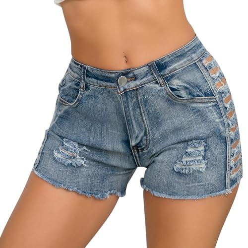 FEOYA Hotpants Denim-Shorts für Damen Hohe Taille Sommer Kurze Hosen Zerrissene Slim Fit Denim Jeans Shorts 03 BU XXL von FEOYA