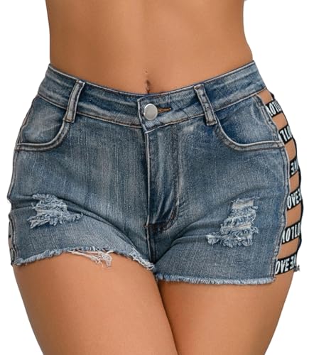 FEOYA Hotpants Denim-Shorts für Damen Hohe Taille Sommer Kurze Hosen Zerrissene Slim Fit Denim Jeans Shorts 03 Blau M von FEOYA