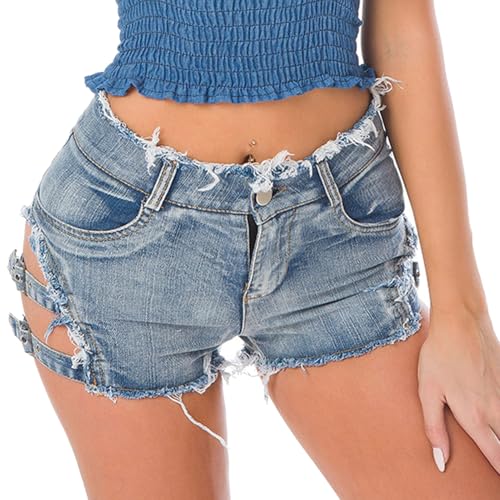 FEOYA Hotpants Denim-Shorts für Damen Hohe Taille Sommer Kurze Hosen Zerrissene Slim Fit Denim Jeans Shorts 06 Blau XL von FEOYA