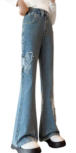 FEOYA Jean Hosen Kinder Denim Hose Weitem Bein Jeanshose Mädchen Streetwear mit Taschen Teenager Vintage Retro-Jeans Y2k Baggy Causul Jeans Wide Leg Blau 1 140 von FEOYA