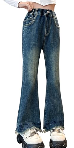 FEOYA Jean Hosen Kinder Denim Hose Weitem Bein Jeanshose Mädchen Streetwear mit Taschen Teenager Vintage Retro-Jeans Y2k Baggy Causul Jeans Wide Leg Blau 2 150 von FEOYA