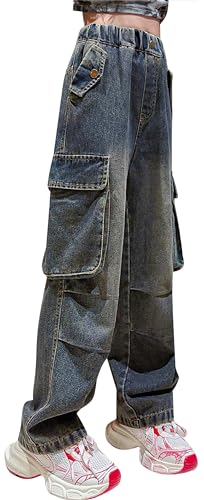 FEOYA Jeans Mädchen Vintage Jeanshosen Wide Fit Hosen Weites Bein Bootcut Jeanshose Y2K Denim Baggy Jeans Weiter Beinschnitt Pants Wide Leg 160 von FEOYA