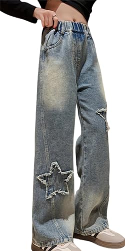 FEOYA Jeans für Mädchen Wide Leg Hose Baggy Cargo Hose Hohe Taille Jeanshose Elastisch Denim Vintage Y2k Pants Frühling Sommer Herbst Trousers 170 von FEOYA