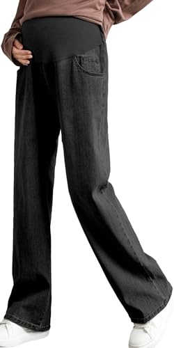 FEOYA Jeanshosen für Schwangere Straight Weites Bein Hose Umstand Jeans Schwangerschaftshose Hohe Taille Schwarz 5XL von FEOYA