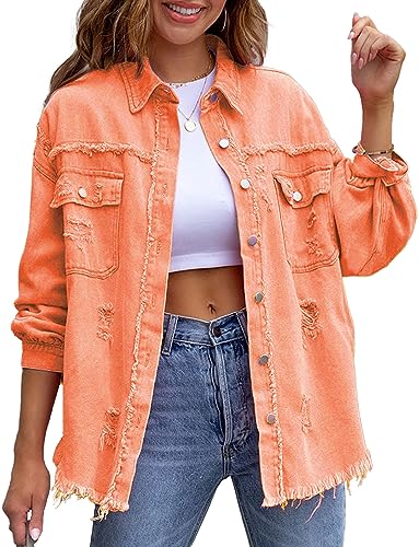 FEOYA Jeansjacke Damen Basics Stretch Jean Jacket Distressed Ripped Denim Jacket Moda Mantel Outwear Coat Herbst Frühling Übergangsjacke M Orange FEOYA Jeansjacke Damen Basics Stretch Jean Jacket Distressed Ripped Denim Jacket Moda Mantel Outwear Coat Herbst Frühling Übergangsjacke M Orange von FEOYA