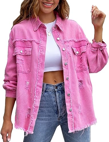 FEOYA Jeansjacke Damen Basics Stretch Jean Jacket Distressed Ripped Denim Jacket Moda Mantel Outwear Coat Herbst Frühling Übergangsjacke M Rosa von FEOYA