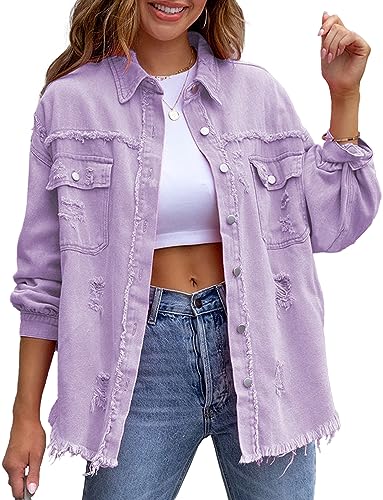 FEOYA Jeansjacke Damen Denim Jacke Mantel Basics Frühling Herbst Langarm Casual Moda Outwear Distressed Ripped Frayed Denim Jacket L Violett von FEOYA