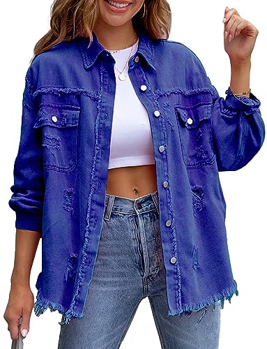 FEOYA Jeansjacke Damen Denim Jacke Mantel Basics Frühling Herbst Langarm Casual Moda Outwear Distressed Ripped Frayed Denim Jacket S Blau von FEOYA