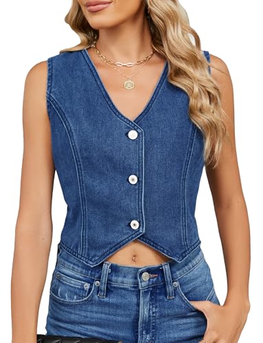 FEOYA Jeansweste Damen Ärmellos Weste Denim Gilet V Ausschnitt Knopfleiste Verwaschene Jean Vest Crop Top Streetwear Blau M von FEOYA