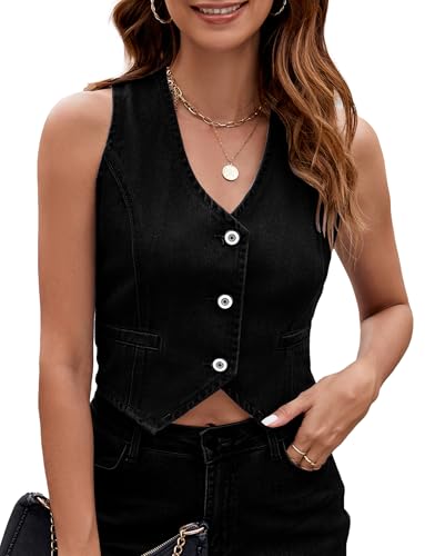 FEOYA Jeansweste Damen Ärmellos Weste Denim Gilet V Ausschnitt Knopfleiste Verwaschene Jean Vest Crop Top Streetwear Hellschwarz XL von FEOYA