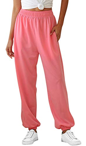 FEOYA Jogginghose Damen Grau/Weiß/Schwarz Jogginghose Damen Freizeithose Baumwolle High Waist Sporthose Loose Fit High Waist Frauen Traininghose Lang mit Taschen S-XXL (Stil 2-Rosa, S) von FEOYA