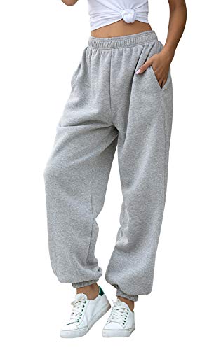 FEOYA Damen Jogginghose Grau Loose Fit High Waist Freizeithose Sporthose Lang Sweathose Sweatpants Damen Baumwolle Trainingshose Fitness mit Taschen XXL von FEOYA