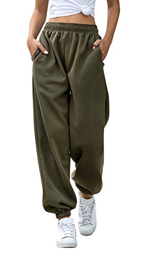 FEOYA Damen Jogginghose Grün Loose Fit High Waist Freizeithose Sporthose Lang Sweathose Sweatpants Damen Baumwolle Trainingshose Fitness mit Taschen L von FEOYA