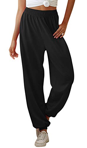 FEOYA Damen Jogginghose Schwarz Loose Fit High Waist Freizeithose Sporthose Lang Sweathose Sweatpants Baumwolle Trainingshose Fitness mit Taschen M von FEOYA