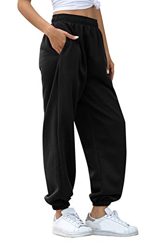 FEOYA Jogginghose Damen Schwarz Jogginghose Damen Loose Fit Jogginghose Damen High Waist Freizeithose Sporthose Lang Sweathose Sweatpants Damen Baumwolle Trainingshose Fitness mit Tasche XL von FEOYA