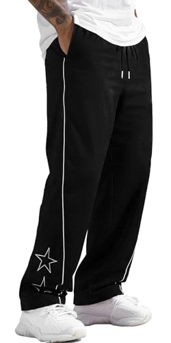 FEOYA Jogginghose Herren Sweathose Y2k Baggy Track Pants Seite Stern Freizeithose Lässige Lange Hose mit Kordelzug Harajuku Sweatpants Jogger Weite Hosenbeine Schwarz S von FEOYA