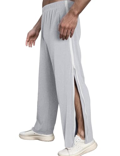 FEOYA Jogginghose Herren Trainingshose mit Durchgehendem Reissverschluss Locker Lässig Sportswear Sportliches Workout nach der Operation Freizeithose mit Tasche Hellgrau L von FEOYA