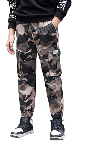 FEOYA Jungen Cargohose Kinder Baumwolle Freizeithose Jugendliche Jogginghose Weich Hose Sommer Herbst Hosen Luftig Arbeitshosen Elastische Taille Wandern Sweatpants Komfortable Pants 140 von FEOYA